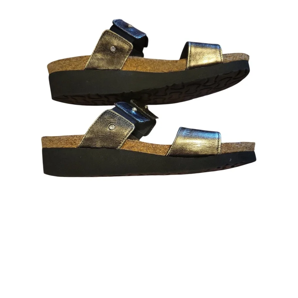 Naot Womens EU 37 US 6.5 Pewter Leather Rhinestone Band Platform Sandals Comfort